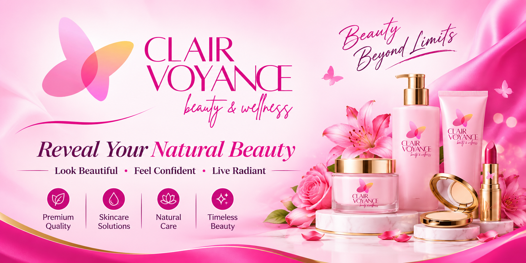 CLAIRVOYANCE official beauty banner featuring skincare solutions, cosmetics, natural care, and floral pedestals