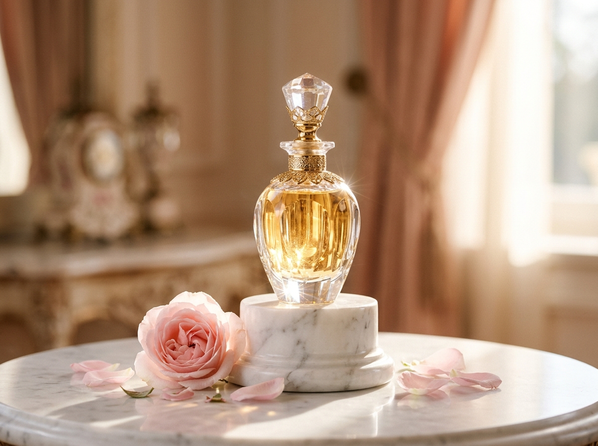 Fragrances category with crystalline luxury perfume bottle catching sunlight