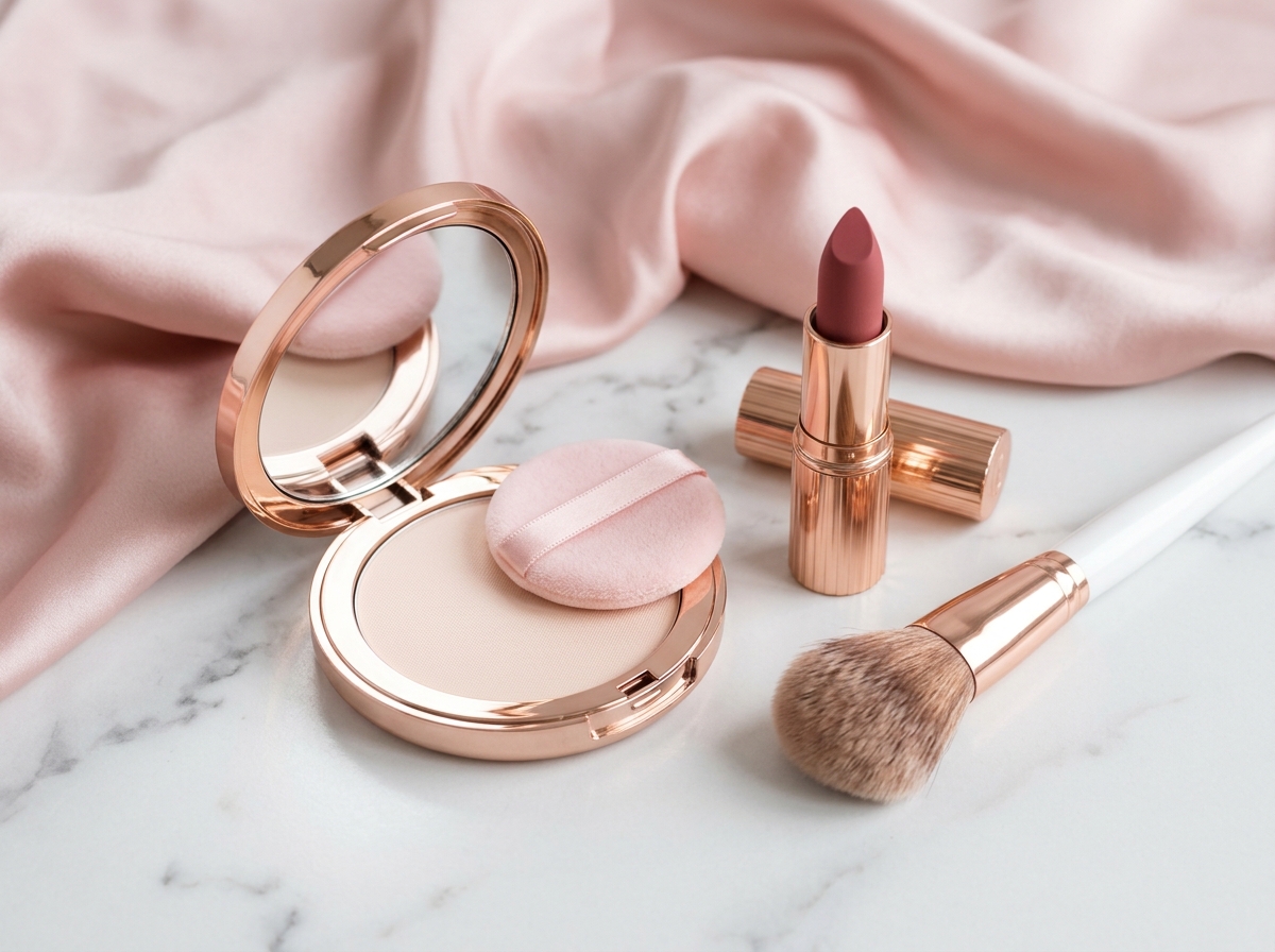 Makeup and cosmetics category featuring lipsticks, compact powders, and brushes